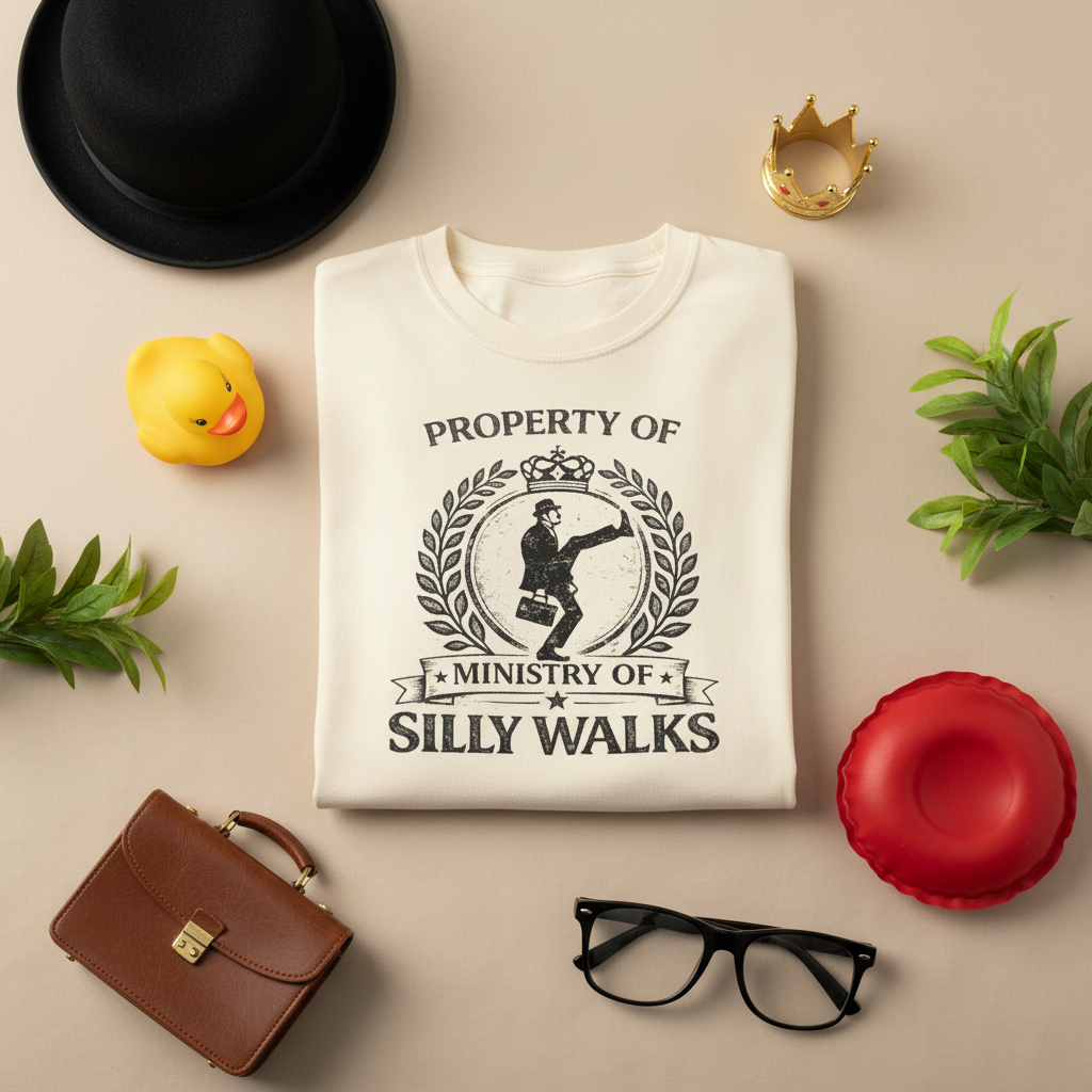 Ministry of Silly Walks parody Comfort Colors tee, close-up of design