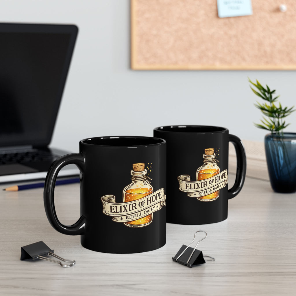 Elixir of Hope Black Ceramic Mug | Fantasy Potion Coffee Mug, 11 oz