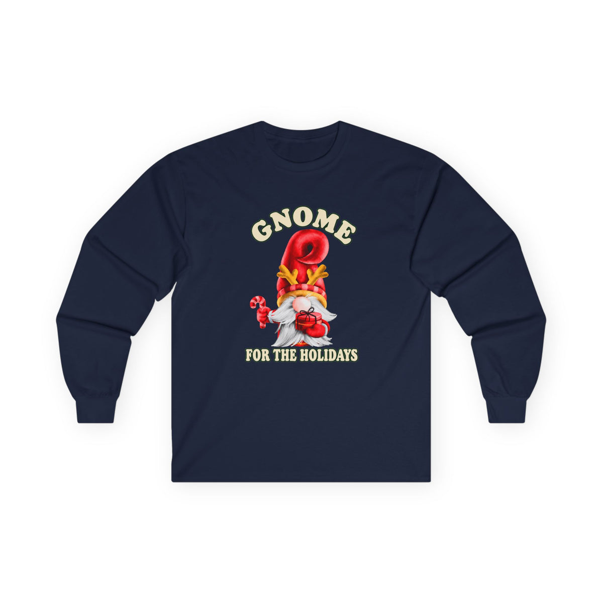 A navy blue long-sleeve t-shirt with a festive gnome graphic on the chest. The graphic features a red bell, a white and gray gnome, a candy cane, and the text 'GNOME FOR THE HOLIDAYS' in cream lettering, all set against a plain white background.