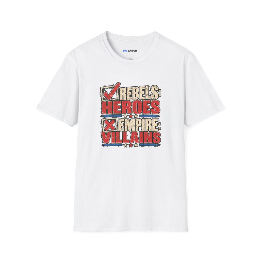 A white short-sleeve crewneck t-shirt featuring a distressed graphic print on the front that reads 'REBELS HEROES X EMPIRE VILLAINS' in red, beige, and blue block lettering, with a red checkmark. The brand name 'MUTANTUR' is printed inside the collar.