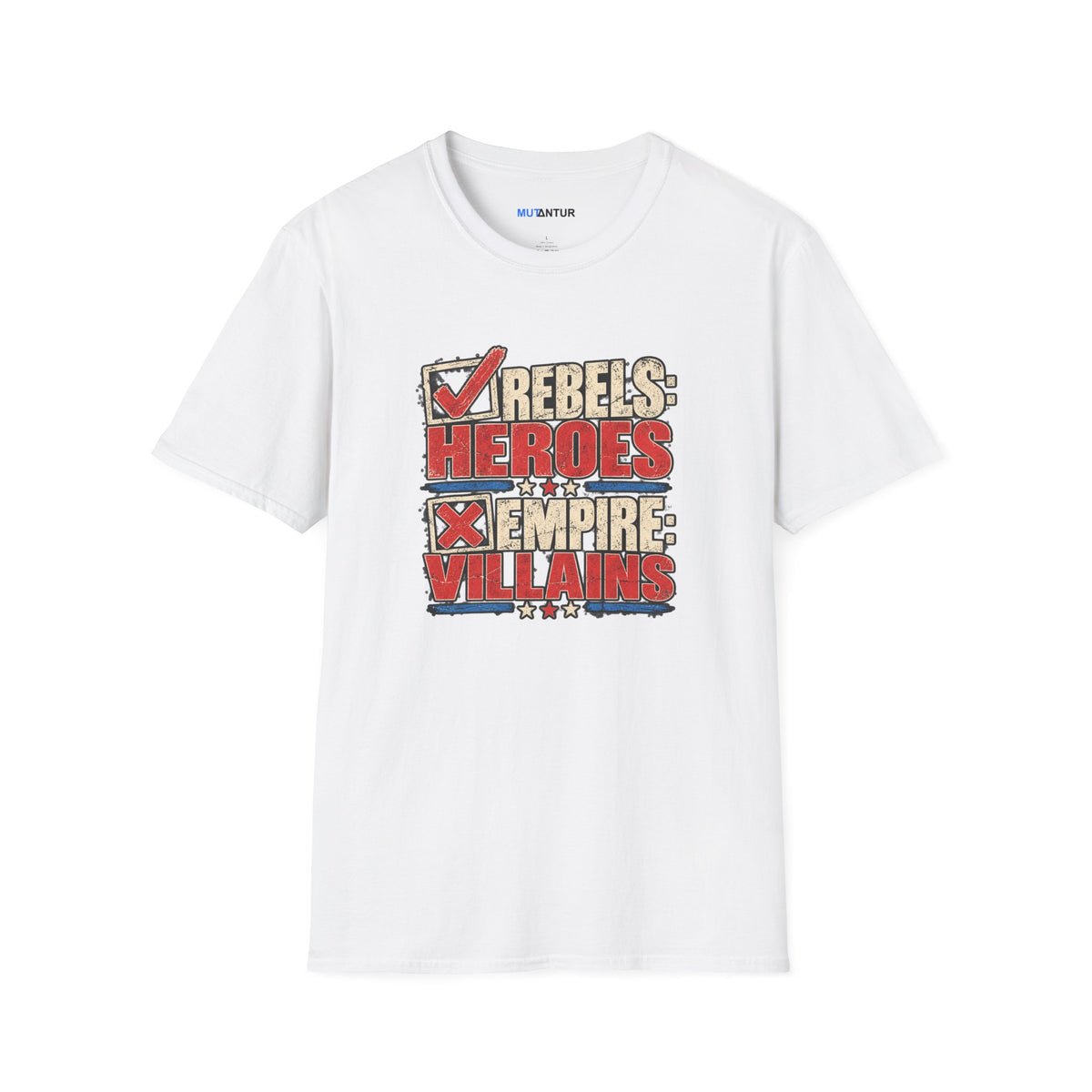 A white short-sleeve crewneck t-shirt featuring a distressed graphic print on the front that reads 'REBELS HEROES X EMPIRE VILLAINS' in red, beige, and blue block lettering, with a red checkmark. The brand name 'MUTANTUR' is printed inside the collar.