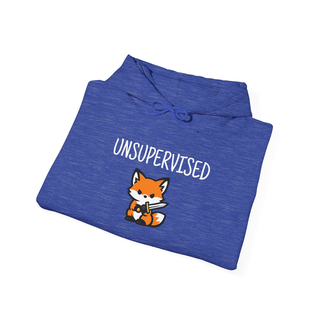 Unsupervised Fox with sword hoodie graphic, flat lay