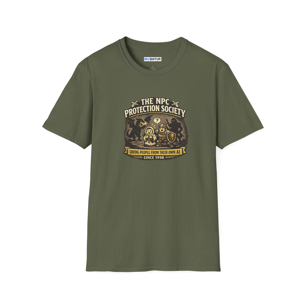 a military green short-sleeve crewneck t-shirt featuring a vintage-style graphic on the chest that reads 'The NPC Protection Society' with a gold and black illustration of a guard and shield.