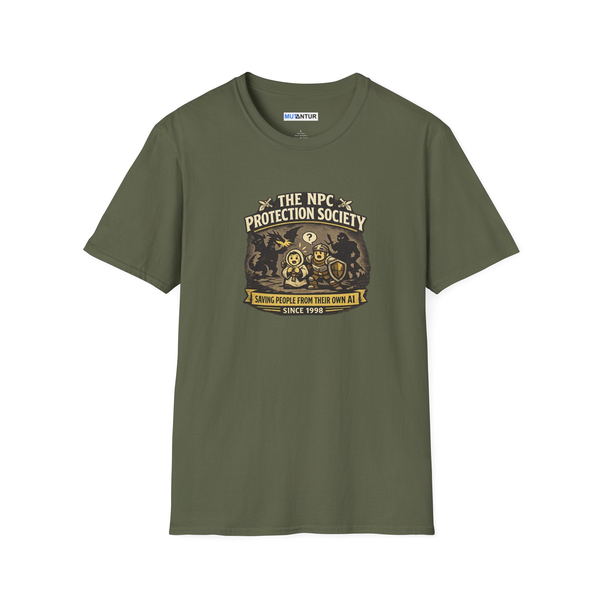 a military green short-sleeve crewneck t-shirt featuring a vintage-style graphic on the chest that reads 'The NPC Protection Society' with a gold and black illustration of a guard and shield.