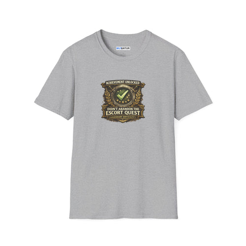 Graphic gamer tee printed with "Achievement Unlocked: Didn't Abandon the Escort Quest."