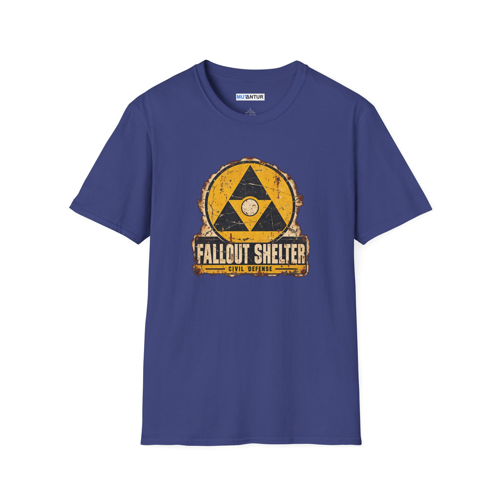 A blue  crew neck shirt with a vintage graphic depicting a  yellow and black  Fallout Shelter design with the words Civil Defense at the bottom against a white background