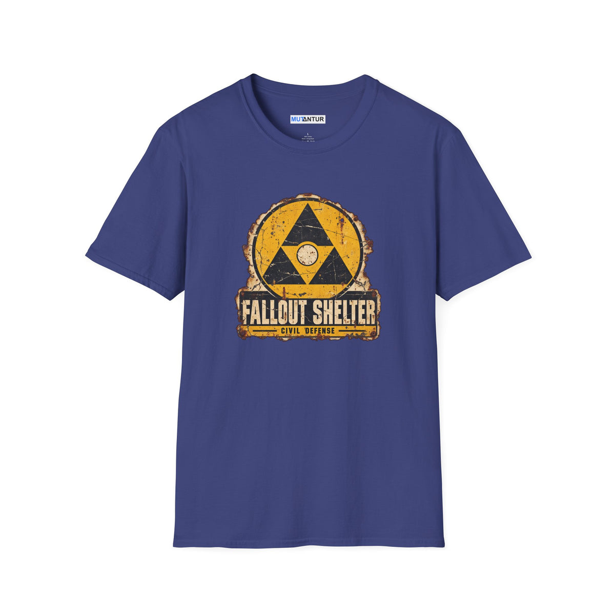 A blue  crew neck shirt with a vintage graphic depicting a  yellow and black  Fallout Shelter design with the words Civil Defense at the bottom against a white background