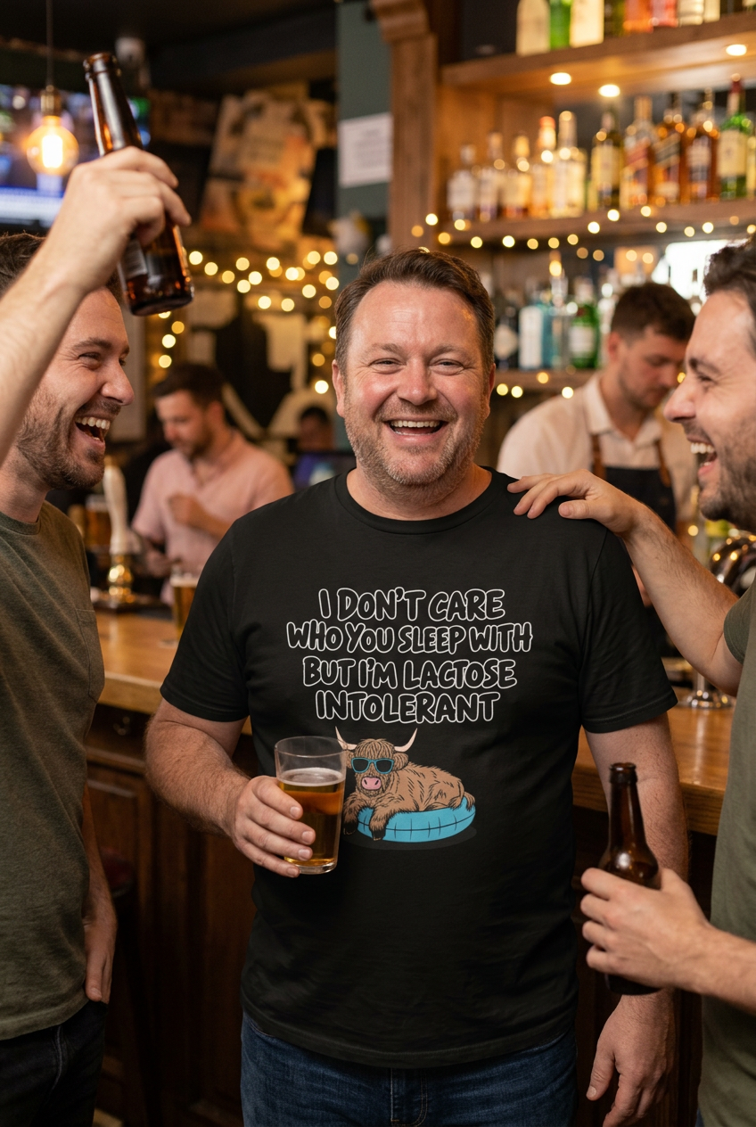 A man at a bar wearing a black graphic t-shirt that reads 'I DON'T CARE WHO YOU WITH BUT I'M LACTOSE INTOLERANT' with a cow illustration. He is holding a glass of beer and smiling, with other people and bar shelves visible in the background.