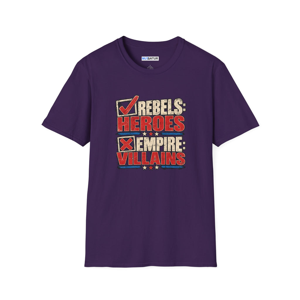A purple short-sleeve t-shirt with a graphic print on the front reading 'REBELS HEROES EMPIRE VILLAINS' in red, beige, and blue text, displayed on a solid white background.