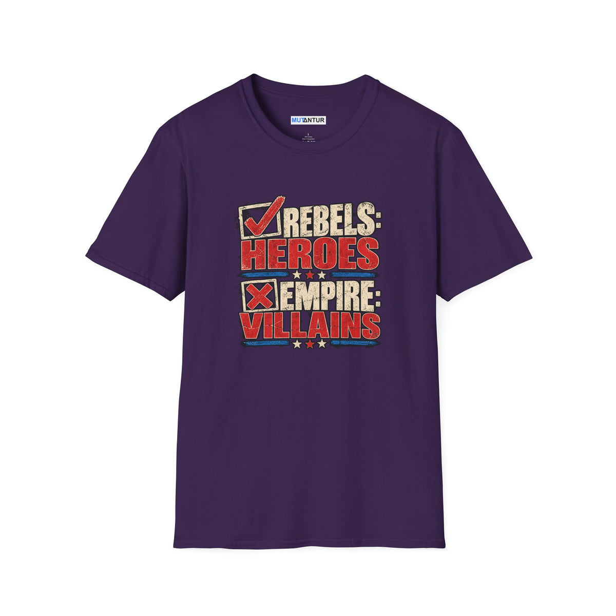 A purple short-sleeve t-shirt with a graphic print on the front reading 'REBELS HEROES EMPIRE VILLAINS' in red, beige, and blue text, displayed on a solid white background.