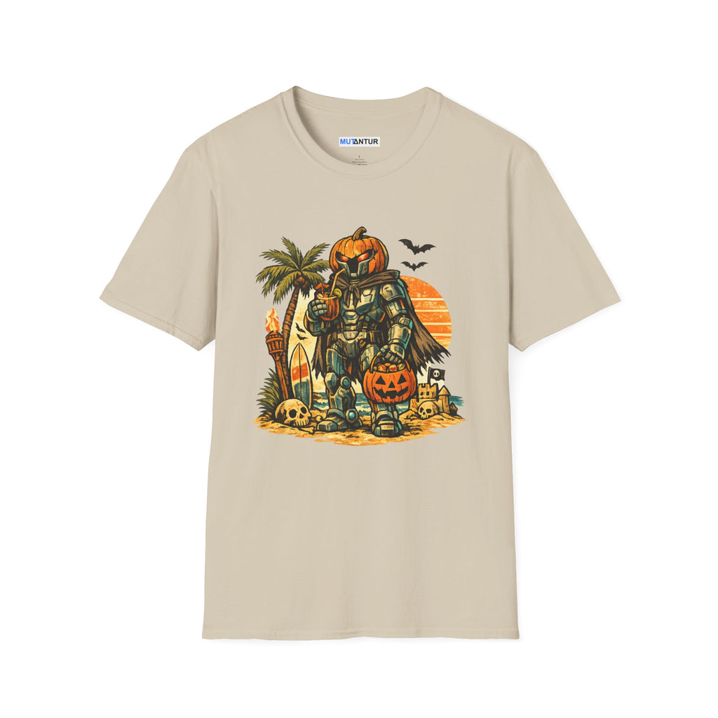 Summerween Beach Robot T-Shirt — Pumpkin-Head Robot Surfing Sunset Tee - Mutantur Labs LLC