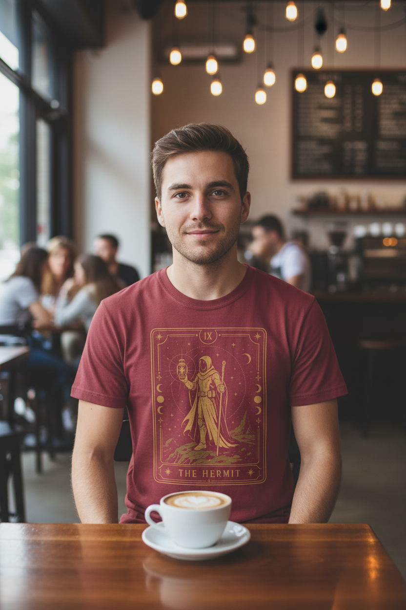 The Hermit tarot card sci-fi astronaut graphic Comfort Colors tee in brick red, shown worn by a model seated in a coffee shop