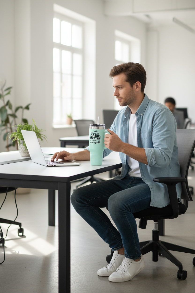 Running on Dark Matter and Iced Coffee 40oz Travel Mug — Gift for Science Lovers - Mutantur Labs LLC