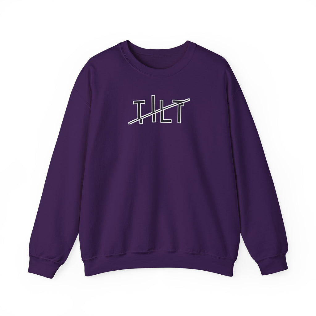 A purple sweatshirt with a stylized graphic off-set text that says TILT against  a white background