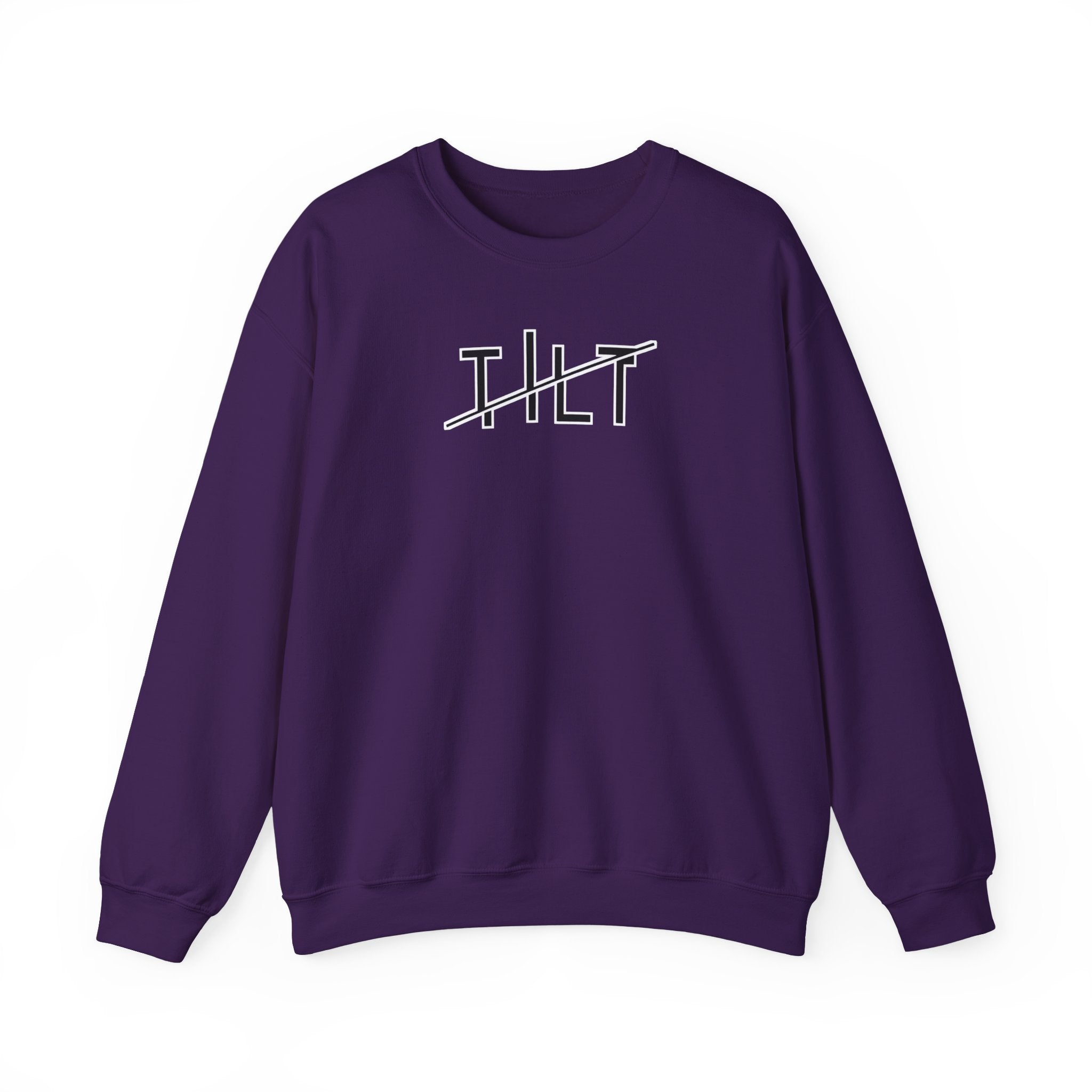 A purple sweatshirt with a stylized graphic off-set text that says TILT against  a white background