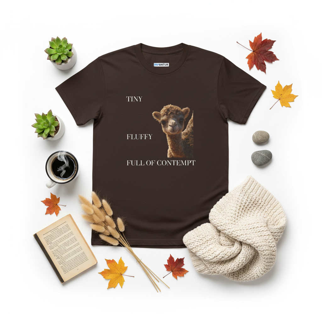 Tiny Fluffy Full of Contempt camel graphic tee, front view