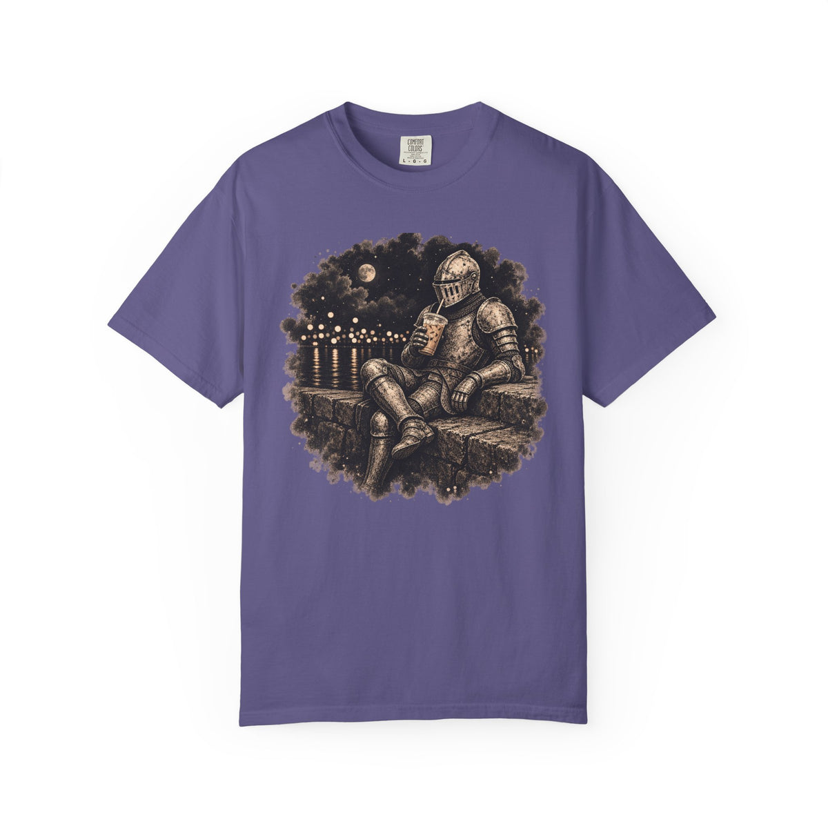 A purple short-sleeve crewneck t-shirt featuring a circular graphic print of a knight in armor sitting on a stone wall under a full moon drinkiing an iced coffee 
