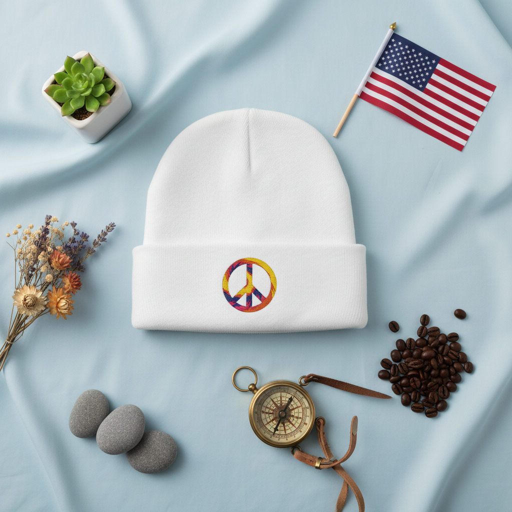 Embroidered Tie-Dye Peace Sign Beanie
