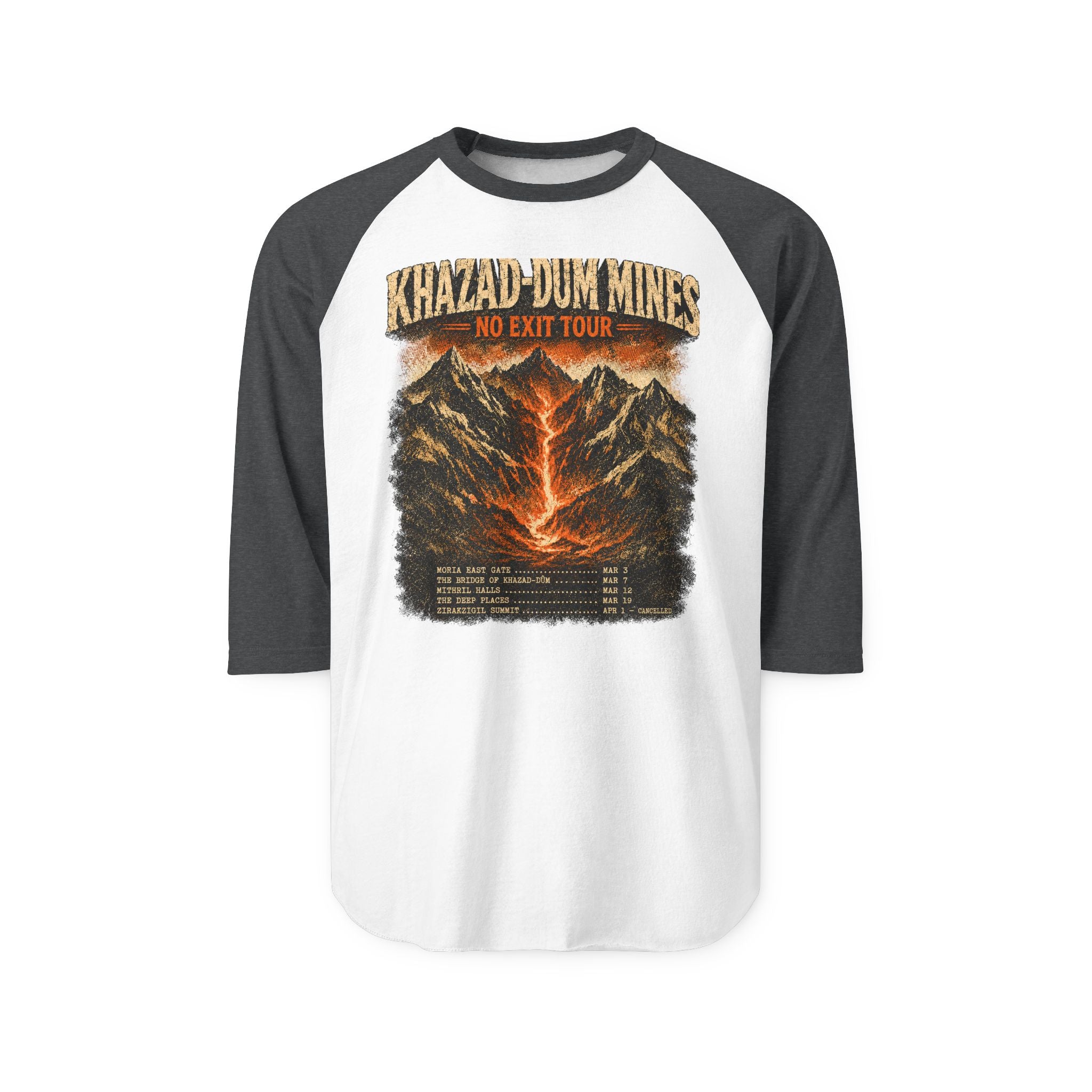 Khazad-Dûm Mines Tour Raglan Shirt — "No Exit Tour" Mountain Volcano Graphic