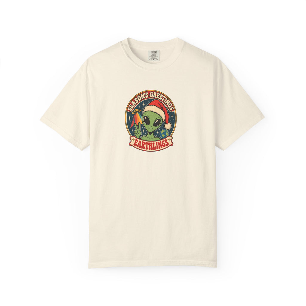 Alien Holiday T‑Shirt — "Season's Greetings Earthlings" Retro Graphic Comfort Colors Tee