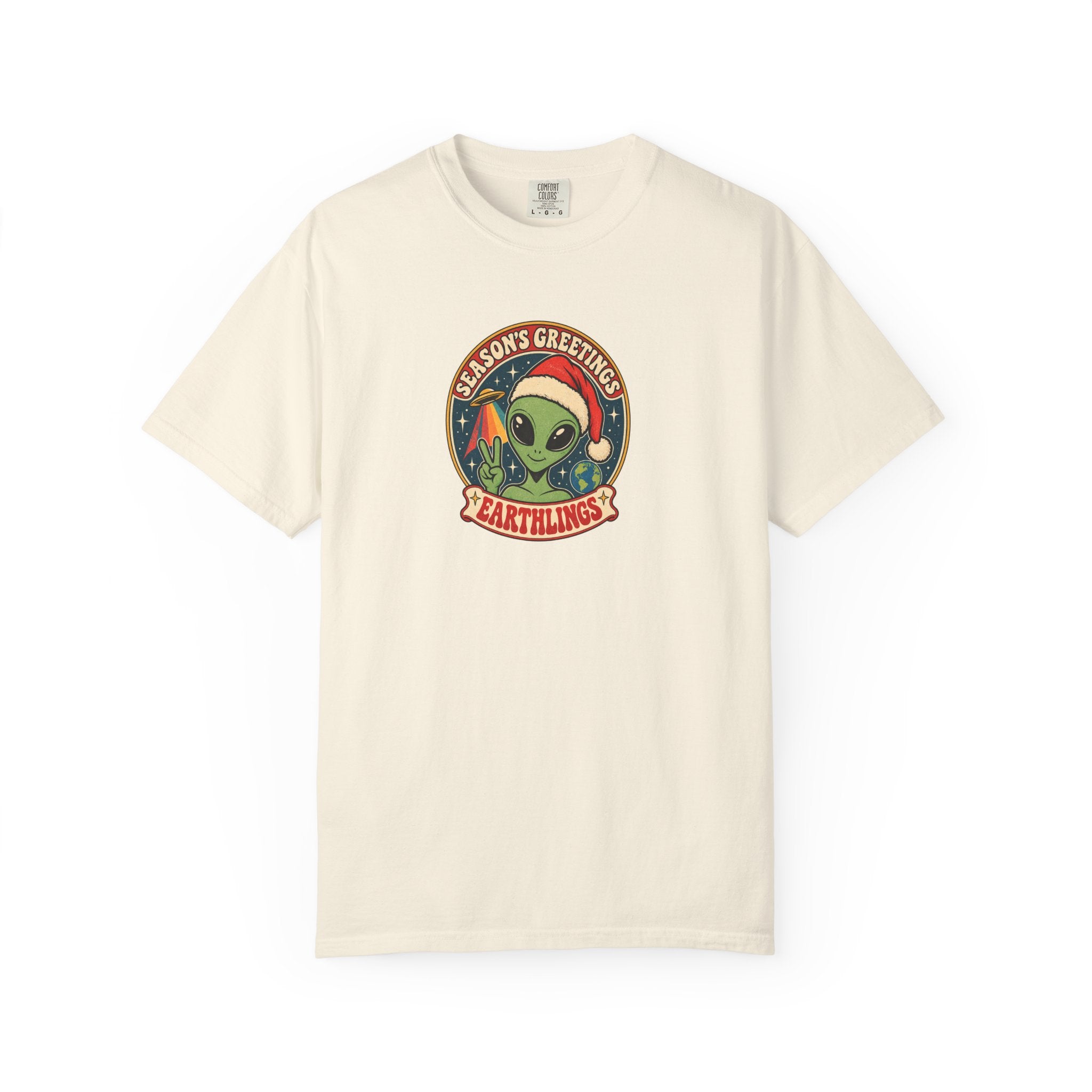 Alien Holiday T‑Shirt — "Season's Greetings Earthlings" Retro Graphic Comfort Colors Tee