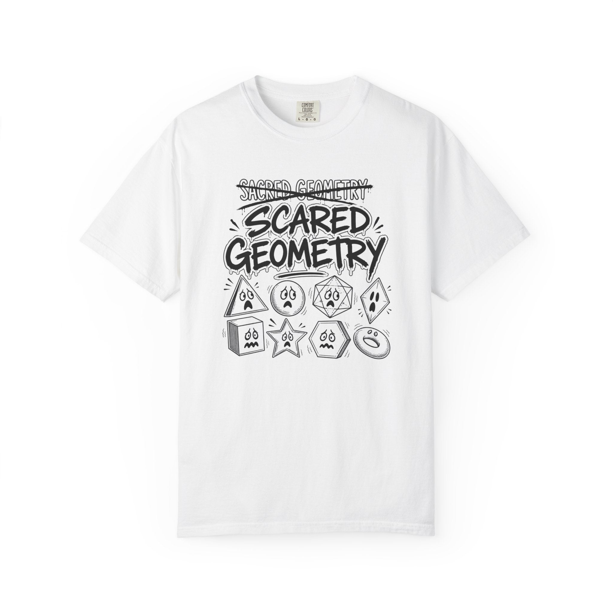 A white short-sleeve crewneck t-shirt featuring a black hand-drawn graphic on the front that reads 'SCARED GEOMETRY' with various geometric shapes and faces below it.