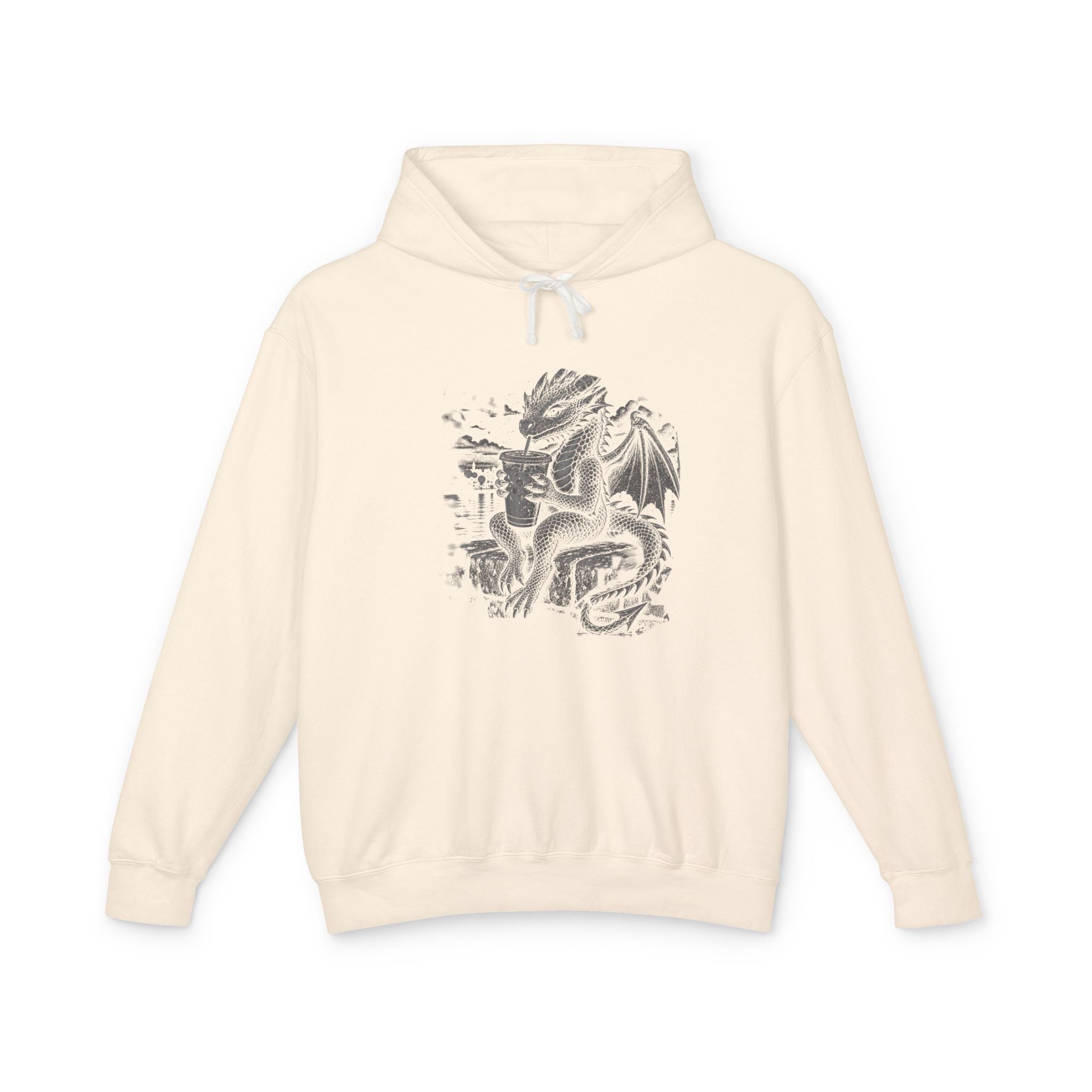 An off-white hooded sweatshirt with a detailed black and gray dragon graphic  holding an iced coffee printed on the center chest, displayed against a solid white background.