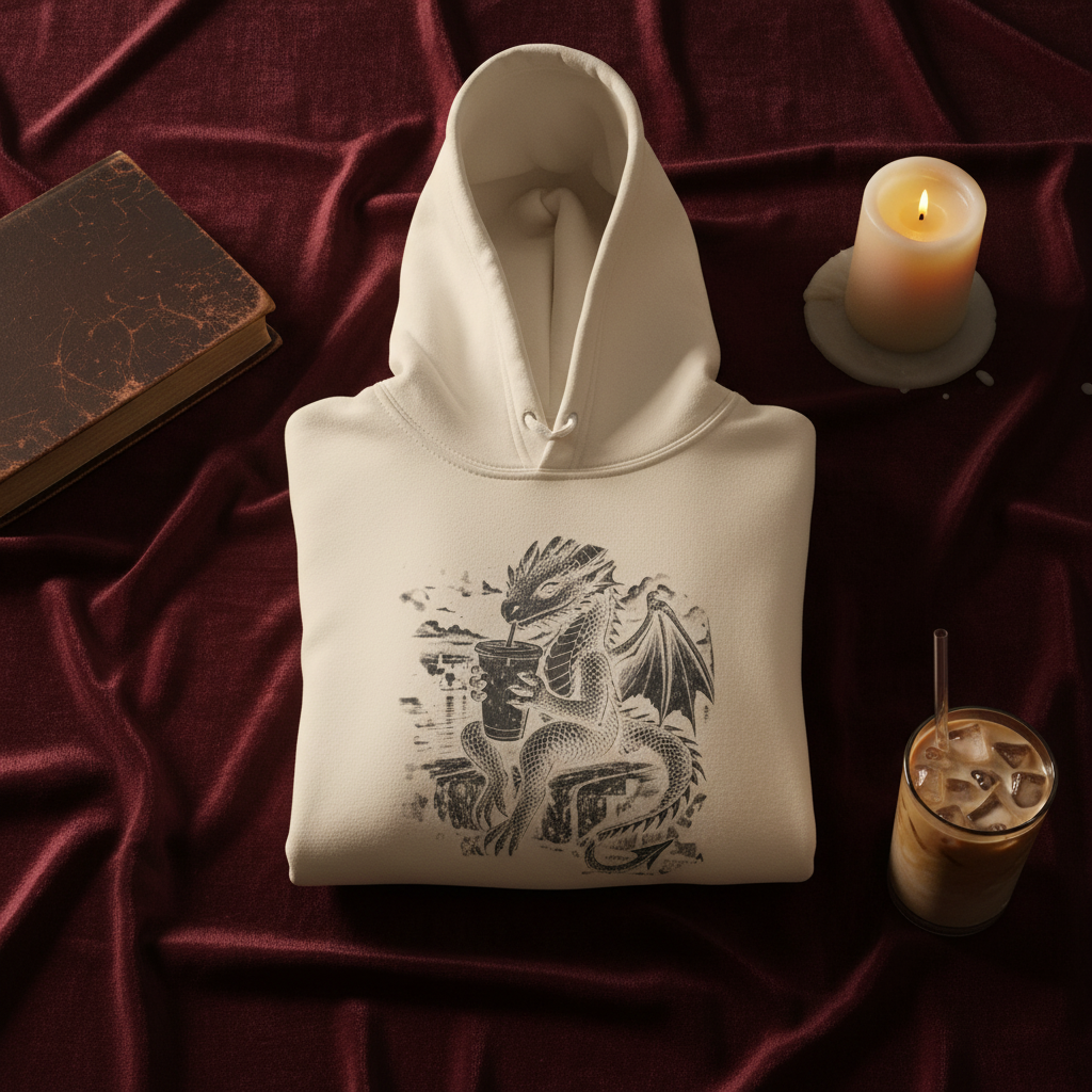 An off-white hooded sweatshirt with a detailed black and gray dragon graphic holding an iced coffee printed on the center chest, displayed against a solid white background.
