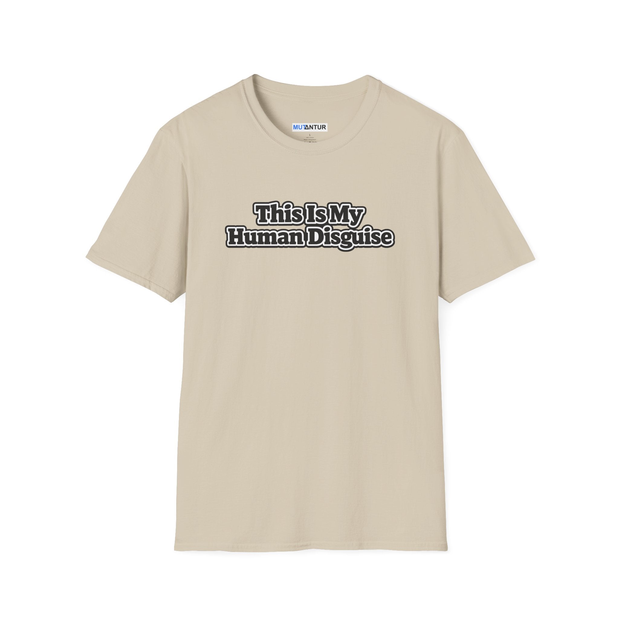 Beige short sleeved Crew neck T-shirt with the words This is my Human Disguise