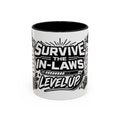 Survive the In-Laws Level Up Coffee Mug — Funny Gamer Checklist Accent Mug