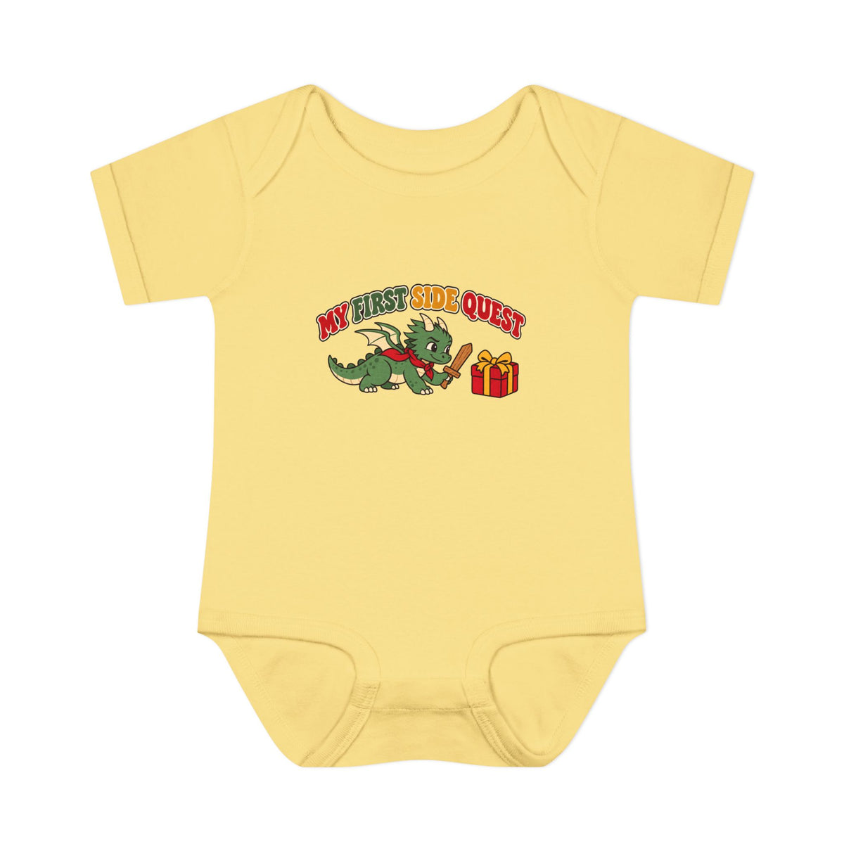 A pale yellow short-sleeve baby bodysuit with a colorful graphic on the chest showing a green cartoon dragon, a red gift box, and the text 'MY FIRST SIDE QUEST'.