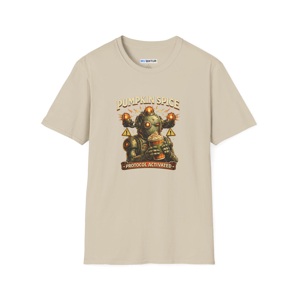 A beige crewneck t-shirt featuring a retro sci-fi graphic of a robot holding a pumpkin spice latte, with the text 'PUMPKIN SPICE' and 'PROTOCOL ACTIVATED'.