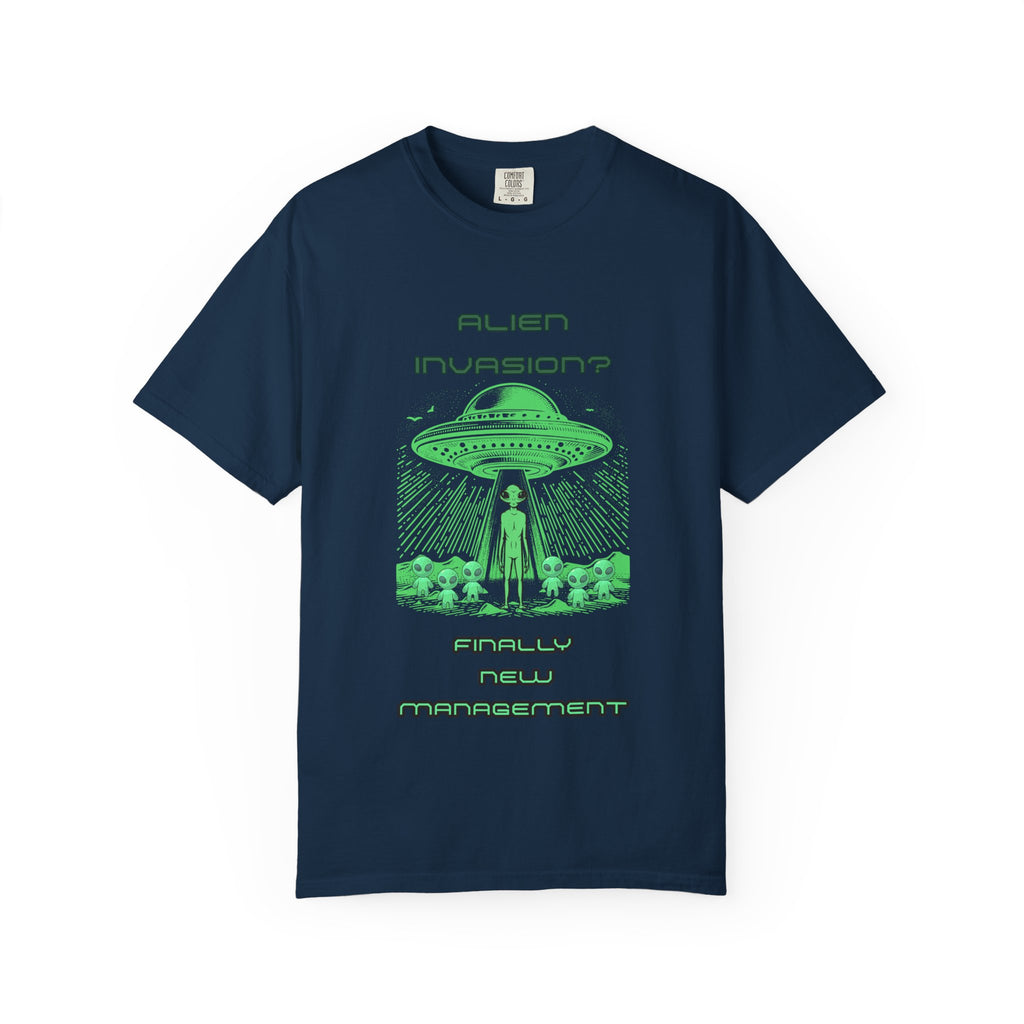 Alien Invasion: Finally New Management T-Shirt | Funny Alien Graphic Tee - Mutantur Labs LLC
