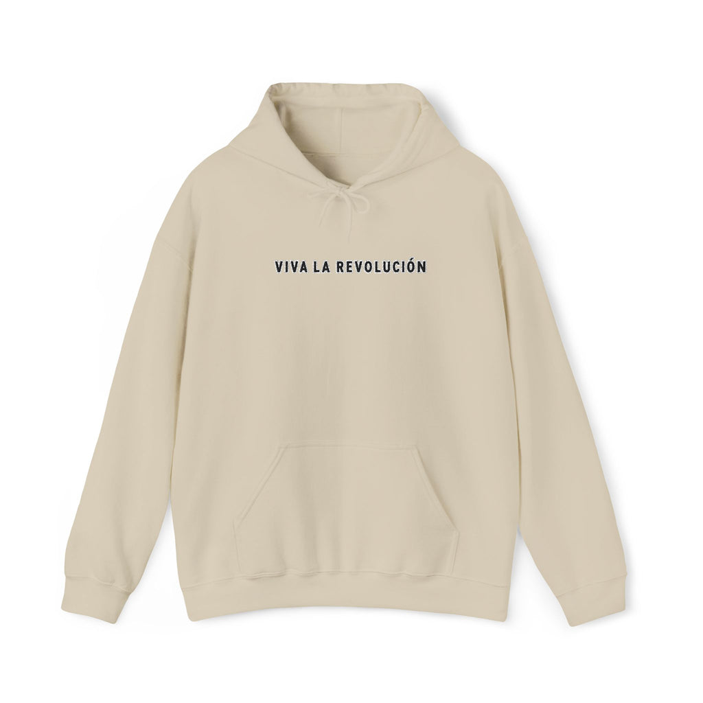 A beige pullover hoodie with a front kangaroo pocket and a blue printed text graphic reading' Viva La Revlucion  'on the chest, displayed against a clean white background.