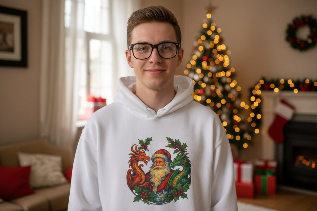 Vintage Santa Dragon Wreath Hoodie | Christmas Holiday Sweatshirt - Mutantur Labs LLC