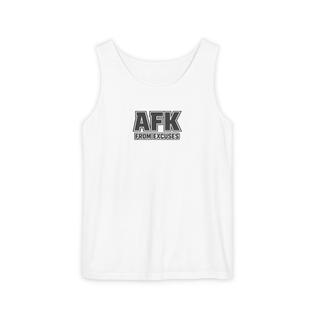 White tank top with 'AFK FROM EXCUSES' text on a white background