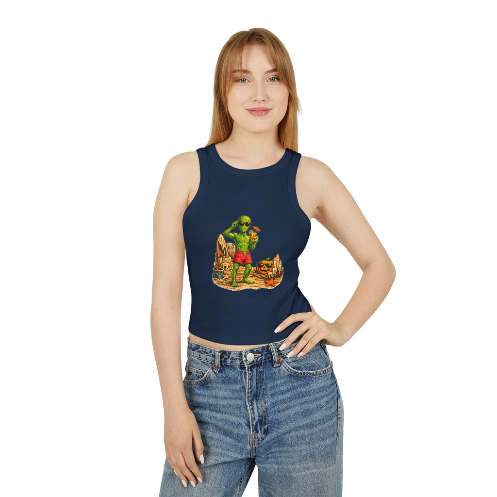 Alien on Vacation Crop Tank Top — Retro Summerween Beach Graphic