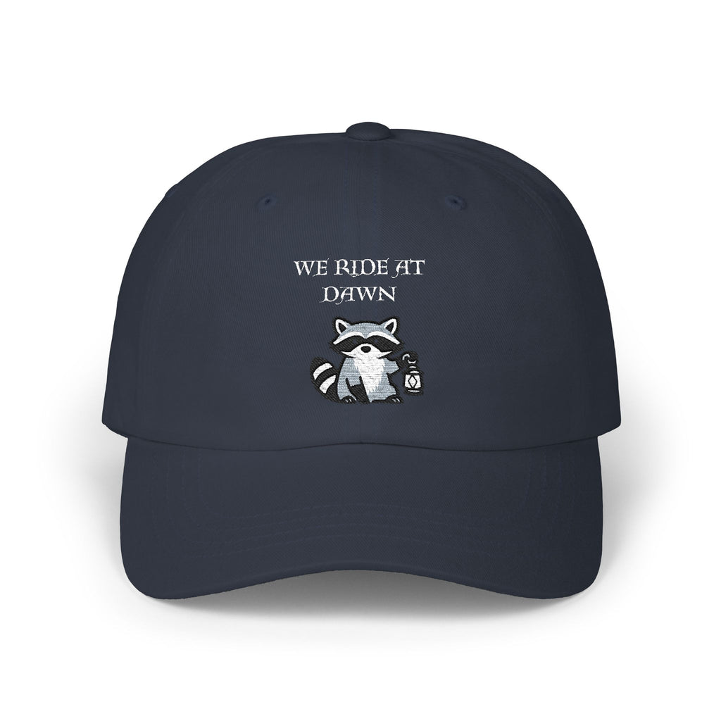 Raccoon Holding Lamp We Ride At Dawn Dad Cap | Classic Fantasy embroidered Baseball Hat - Mutantur Labs LLC