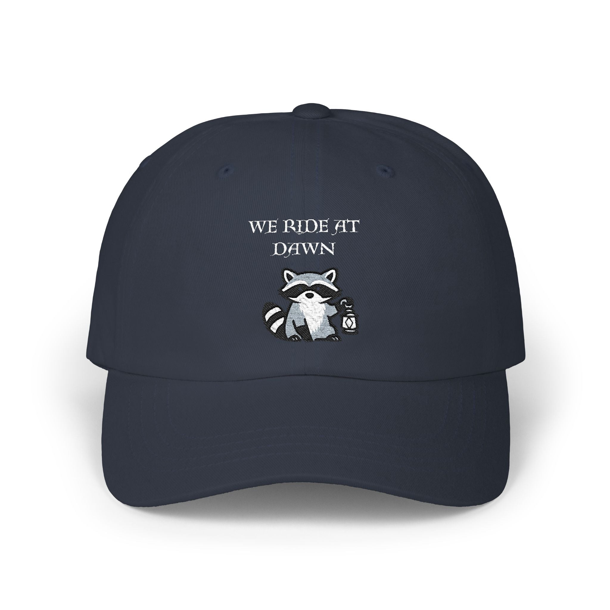 Raccoon Holding Lamp We Ride At Dawn Dad Cap | Classic Fantasy embroidered Baseball Hat - Mutantur Labs LLC
