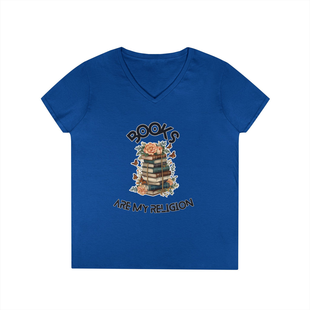 Books Are My Religion floral book stack graphic v-neck tee in royal blue, front view