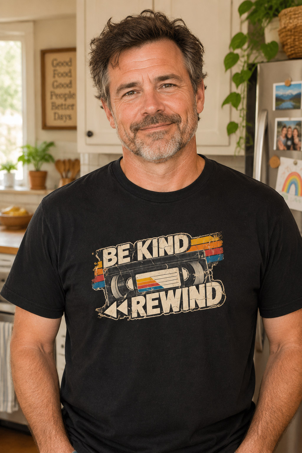a man standing in his kitchen wearing A black graphic T-shirt with a vintage VHS tape design with the word BE KIND REWIND;
