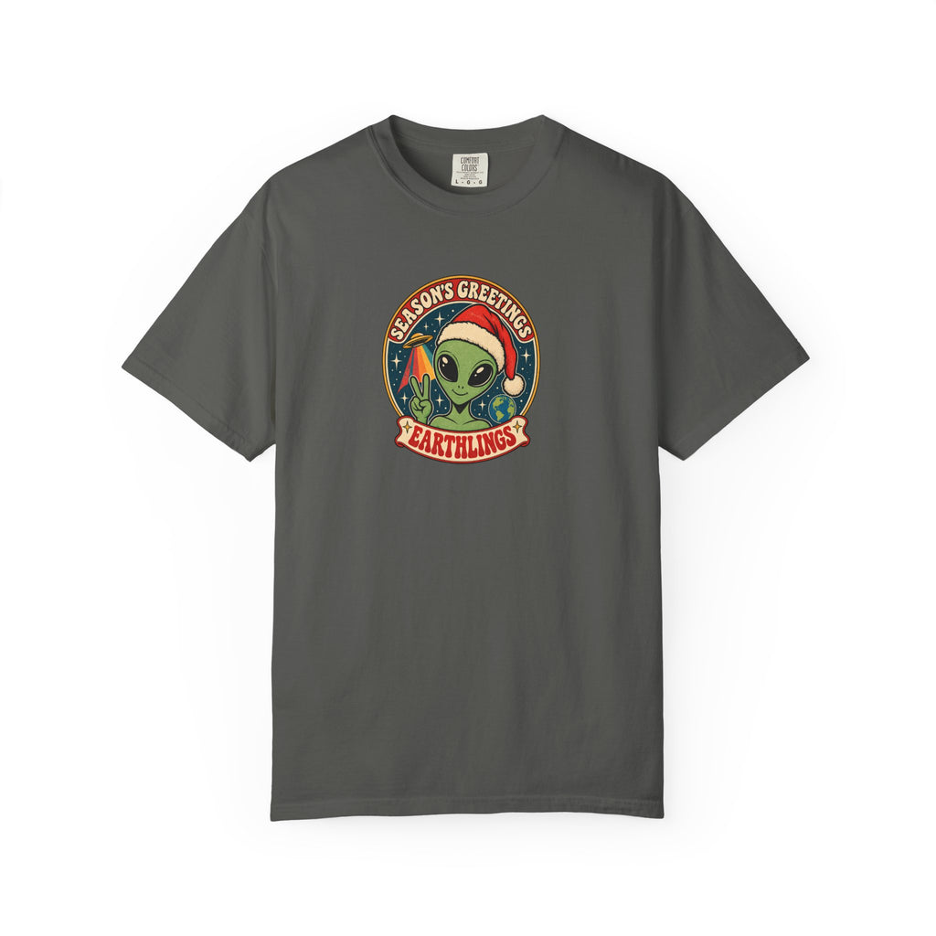 Alien Holiday T‑Shirt — "Season's Greetings Earthlings" Retro Graphic Comfort Colors Tee