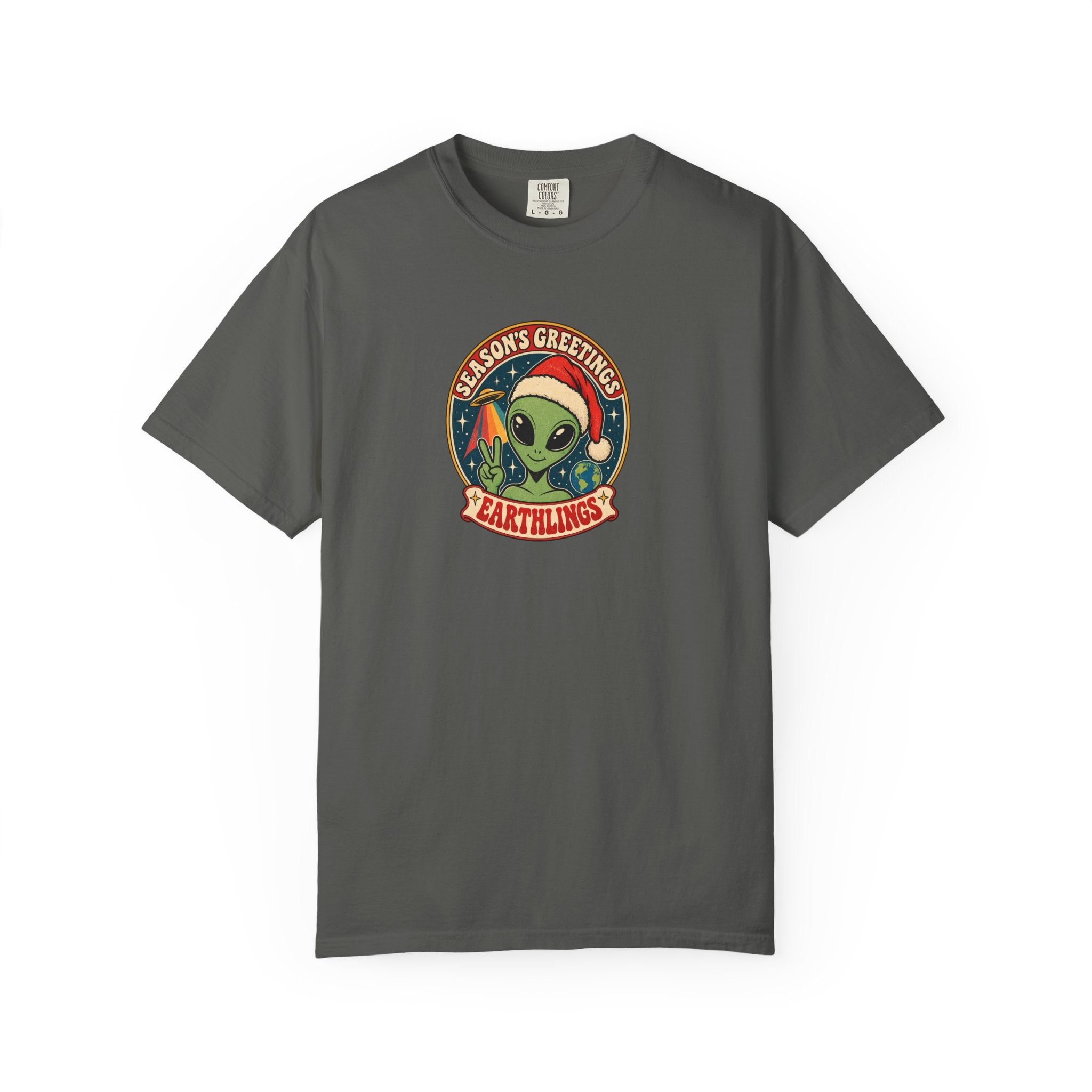Alien Holiday T‑Shirt — "Season's Greetings Earthlings" Retro Graphic Comfort Colors Tee
