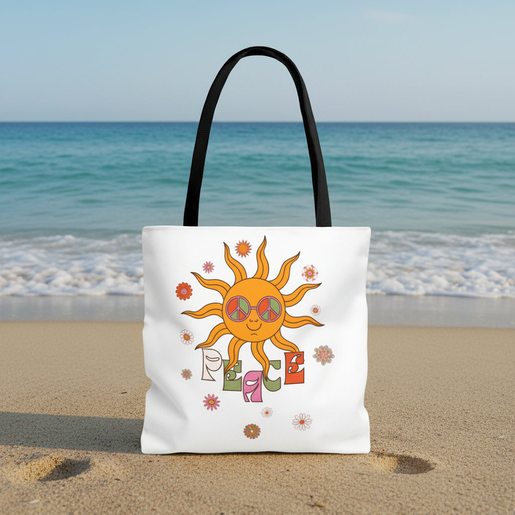 Retro Sun Peace Tote Bag | 70s Hippie Sunflower Art Bag - Mutantur Labs LLC