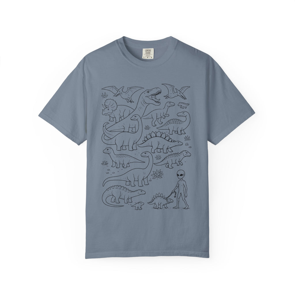 Alien and Dinosaur T-Shirt | Funny Line Art Graphic Tee - Mutantur Labs LLC