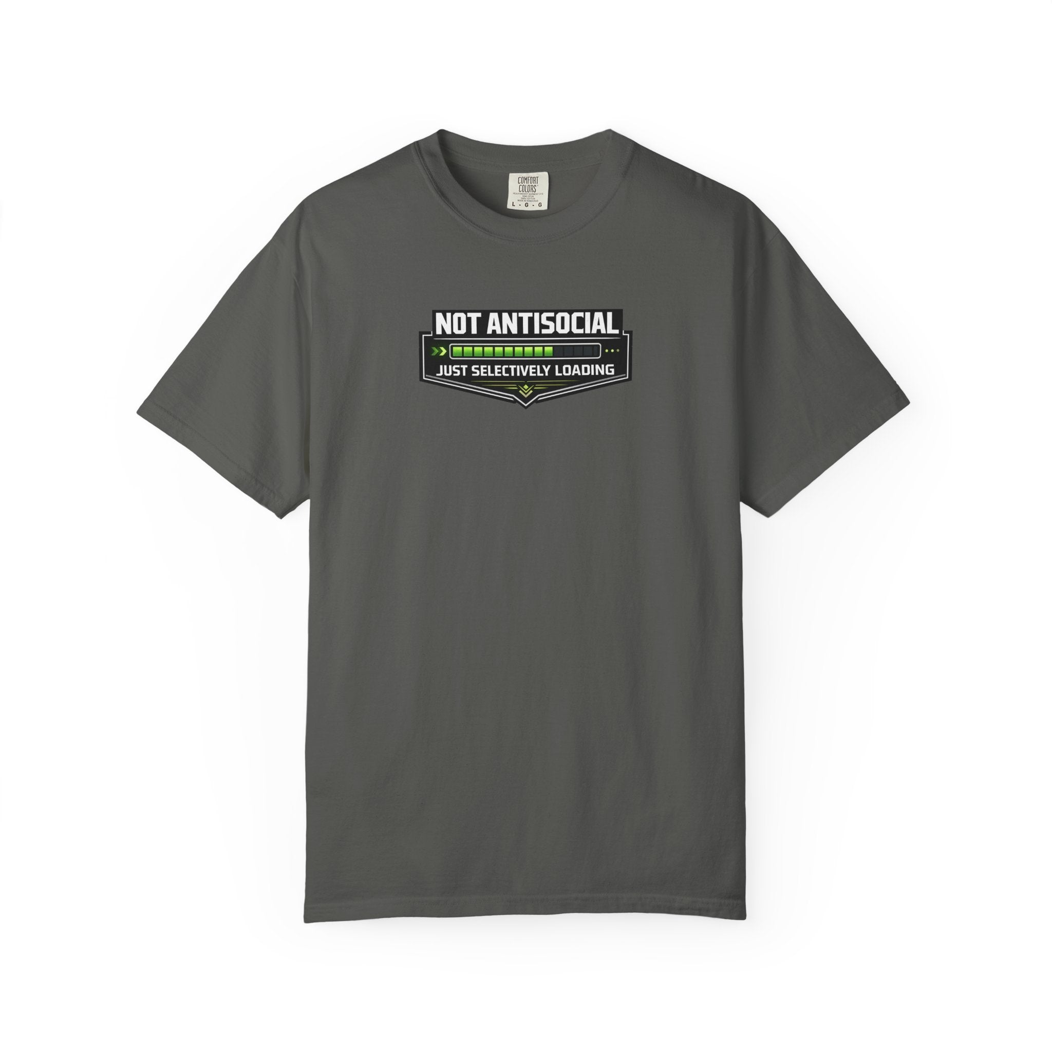 A grey short-sleeve crewneck t-shirt in khaki beige, featuring a graphic on the chest that reads 'NOT ANTISOCIAL' above a progress bar with green checkmarks and the text 'JUST SELECTIVELY LEARNING' below,