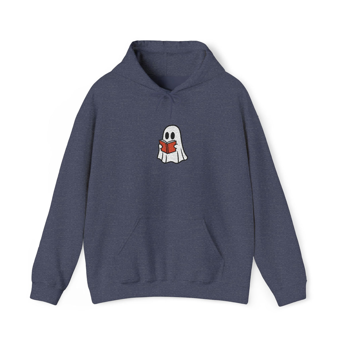 A navy blue hoodie with a cartoon ghost holding a red book against a white background