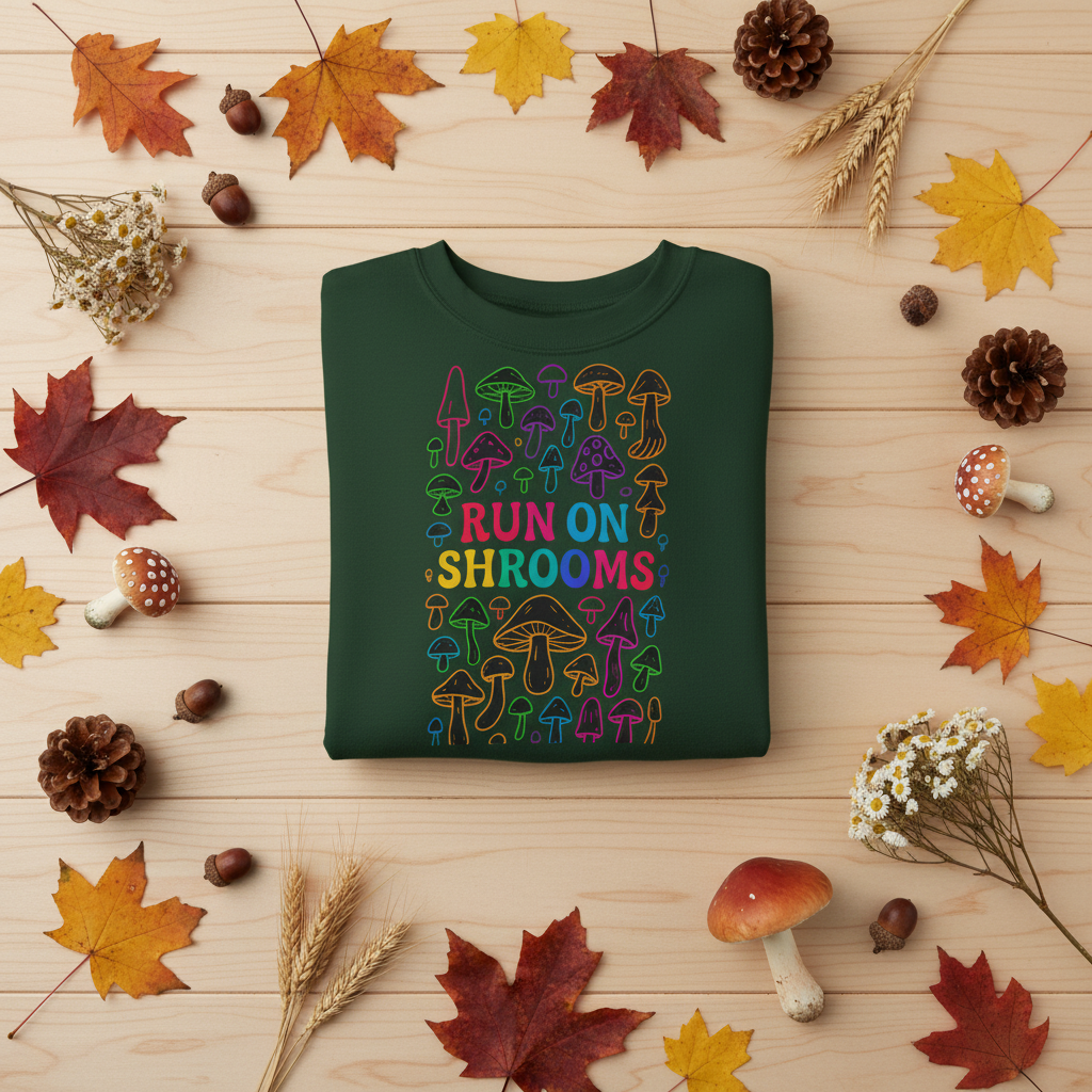 Run on Shrooms sweatshirt Retro Fungi Pattern Cottagecore Crewneck