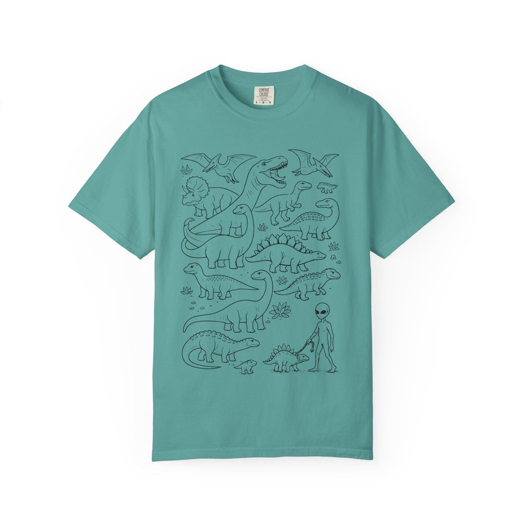 Alien and Dinosaur T-Shirt | Funny Line Art Graphic Tee - Mutantur Labs LLC