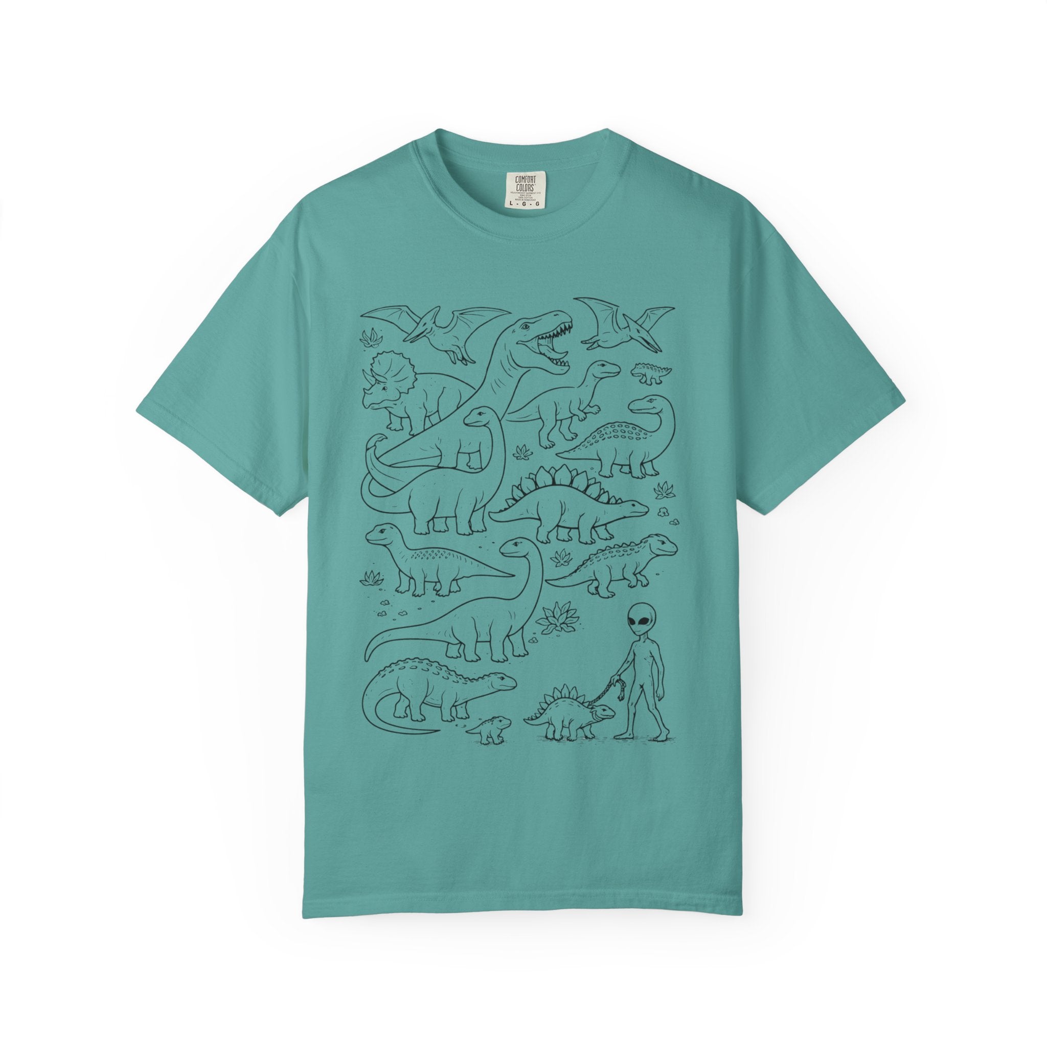 Alien and Dinosaur T-Shirt | Funny Line Art Graphic Tee - Mutantur Labs LLC